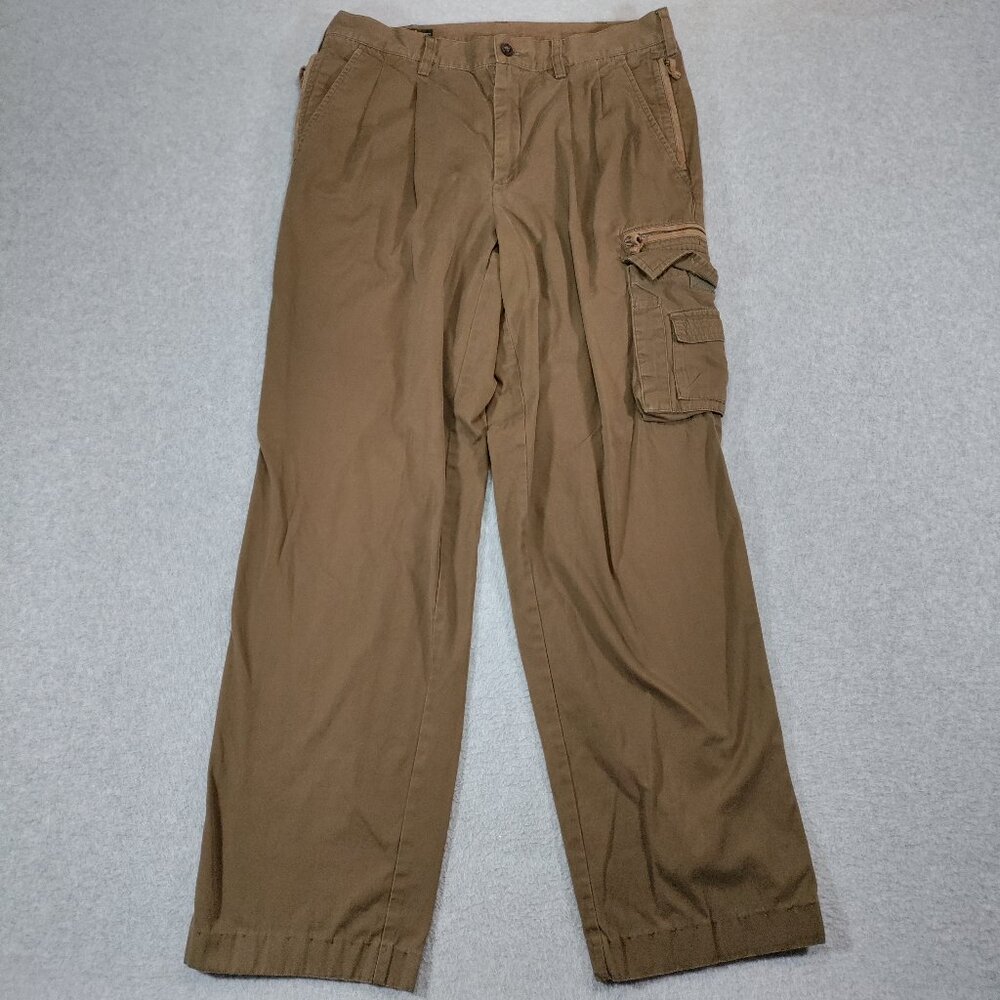 Orvis Cargo Pants Mens 34x30 Brown Pleated Cotton Zipper Pockets Outdoor Hiking